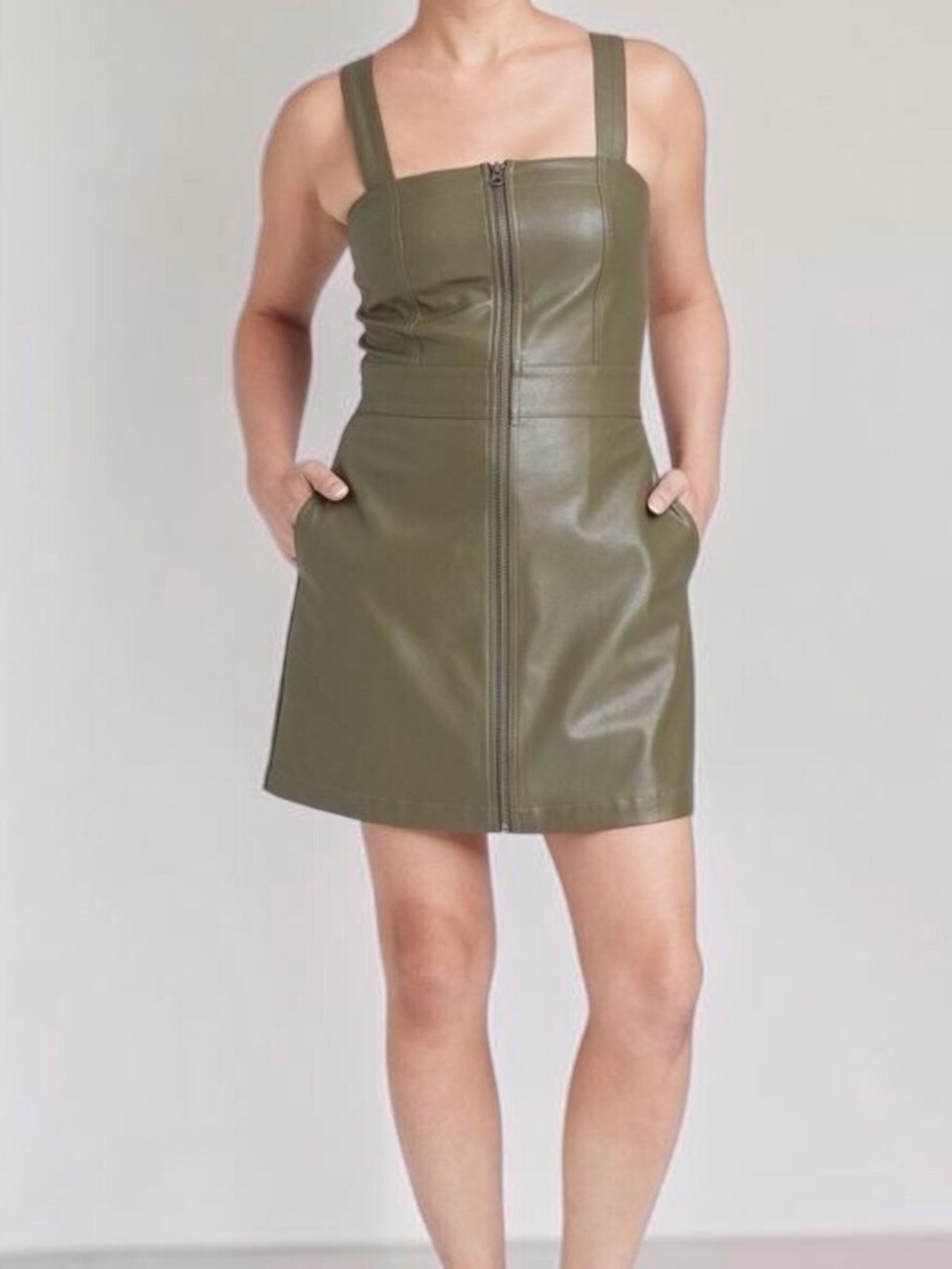 Wild Fable  olive green Faux Leather full Zip Front Mini Pinafore Dress size XL
